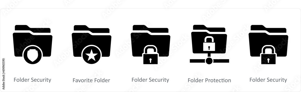 A set of 5 Document icons as folder security, favorite folder, folder security A set of 5 Document icons as folder security, favorite folder, folder security