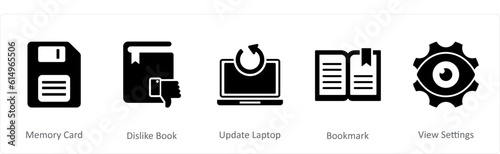 A set of 5 Document icons as memory card, dislike book, update laptop