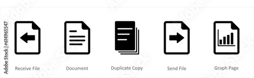 A set of 5 Document icons as receive file, document, duplicate copy
