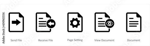A set of 5 Document icons as send file, receive file, page setting