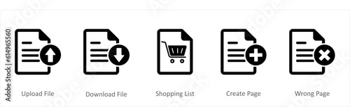 A set of 5 Document icons as upload file, download file, shopping list