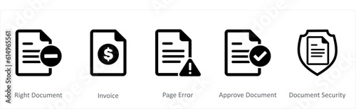 A set of 5 Document icons as right document, invoice, page error