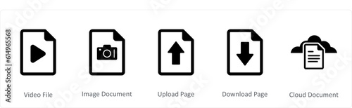 A set of 5 Document icons as video file, image document, upload page
