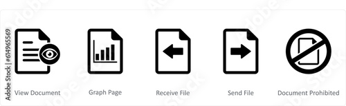 A set of 5 Document icons as view document, graph page, receive file