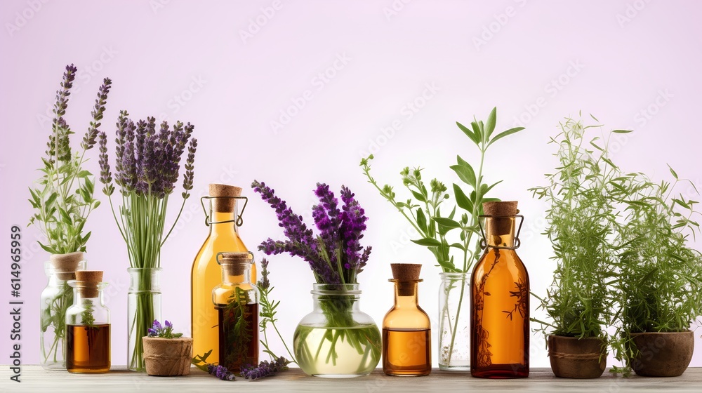 Aromatherapy concept, featuring glass bottles filled with essential oils with decorative plants. Aromatherapy uses aromatic plant extracts and essential oils for healing and well-being. Generative AI