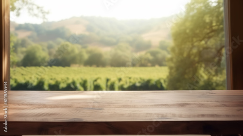 Empty Rustic oak wooden table in front of green vineyard