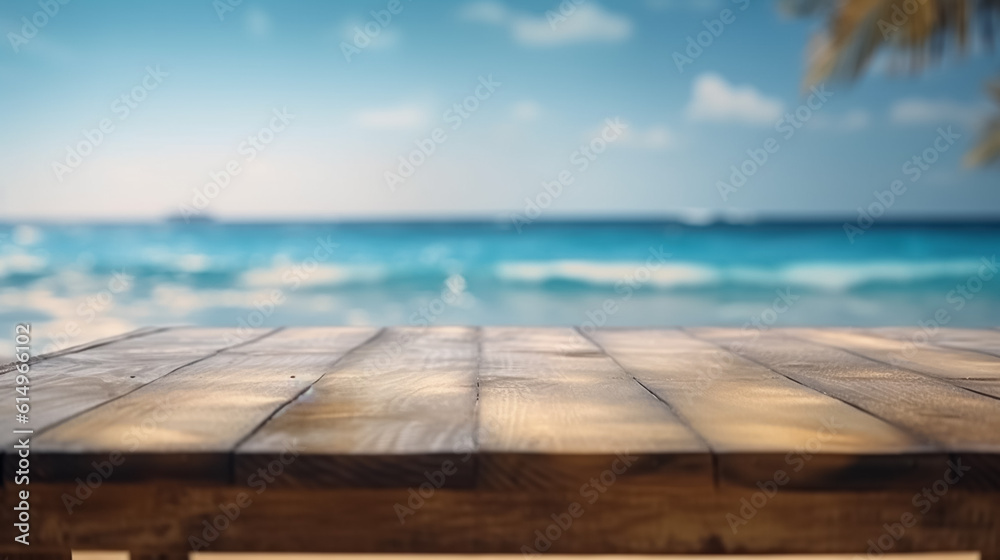 Empty Wooden table in tropical beach of summer time, blurred background