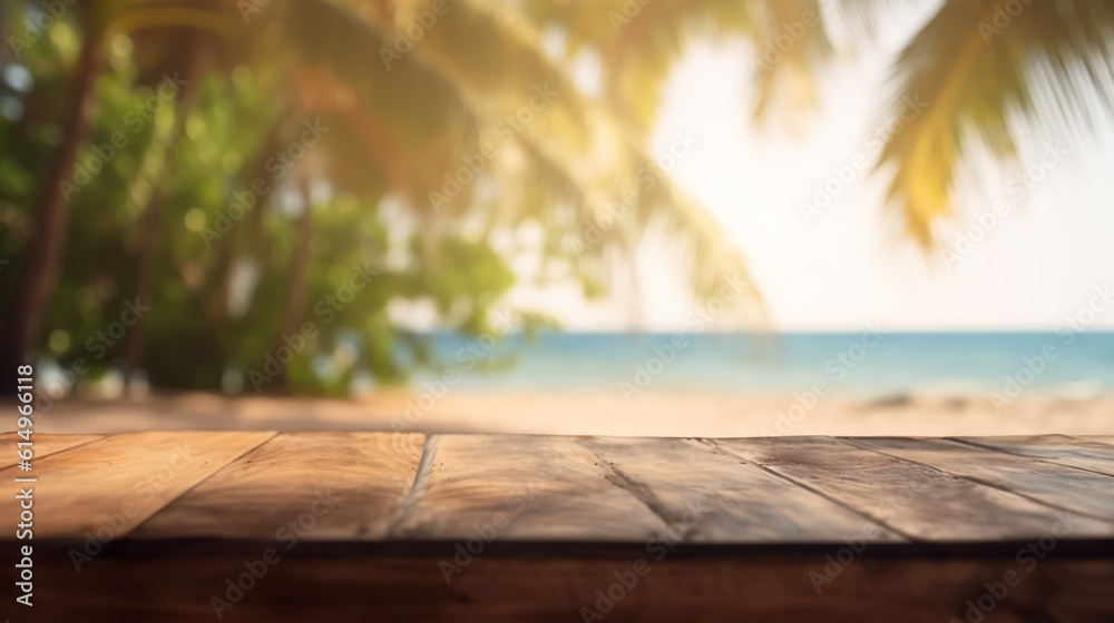 Empty Wooden table in tropical beach of summer time, blurred background Empty Wooden table in tropical beach of summer time, blurred background