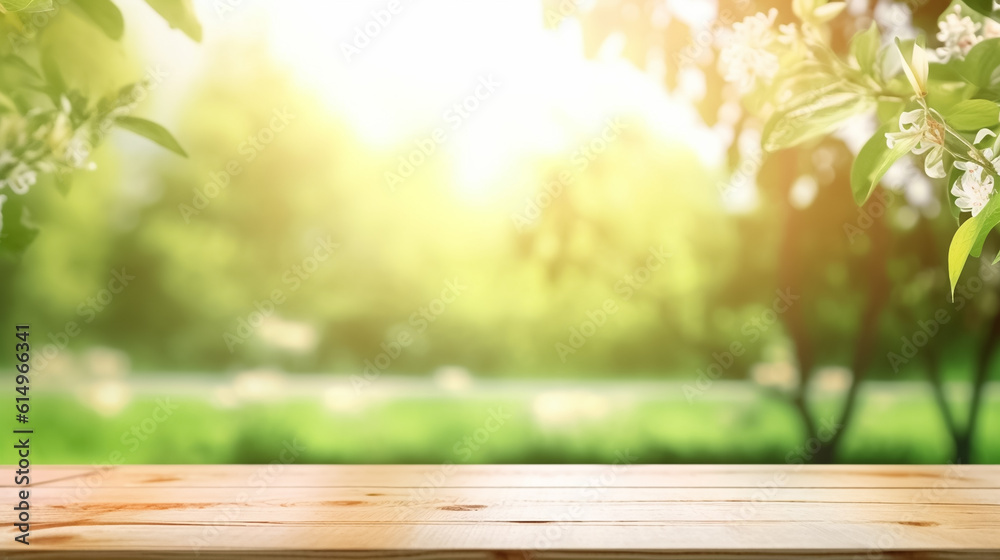 wooden Table background of free space and spring time in garden