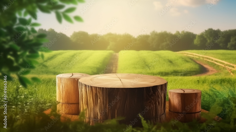 Naklejka premium Tree trunk wood Podium display for food, perfume, and other products on nature background