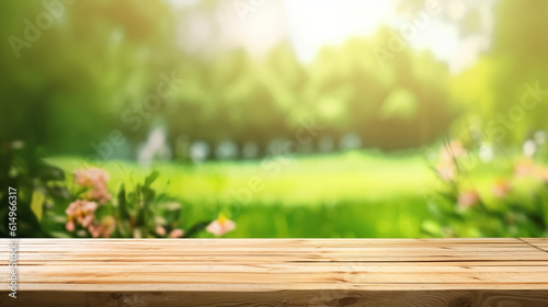 wooden Table background of free space and spring time in garden © aiman