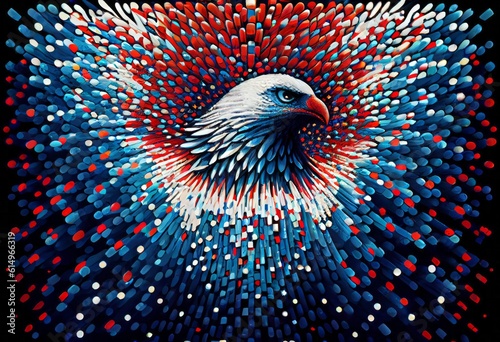 Bald eagle with red, white, and blue stars. America. Patriotism. Fourth of July. Independence Day. Memorial Day. Generative AI