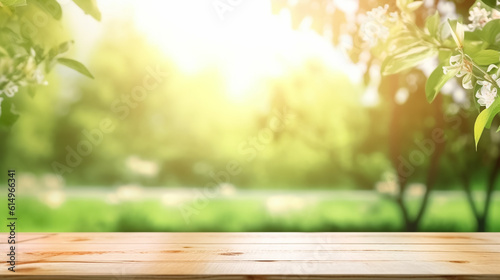 wooden Table background of free space and spring time in garden