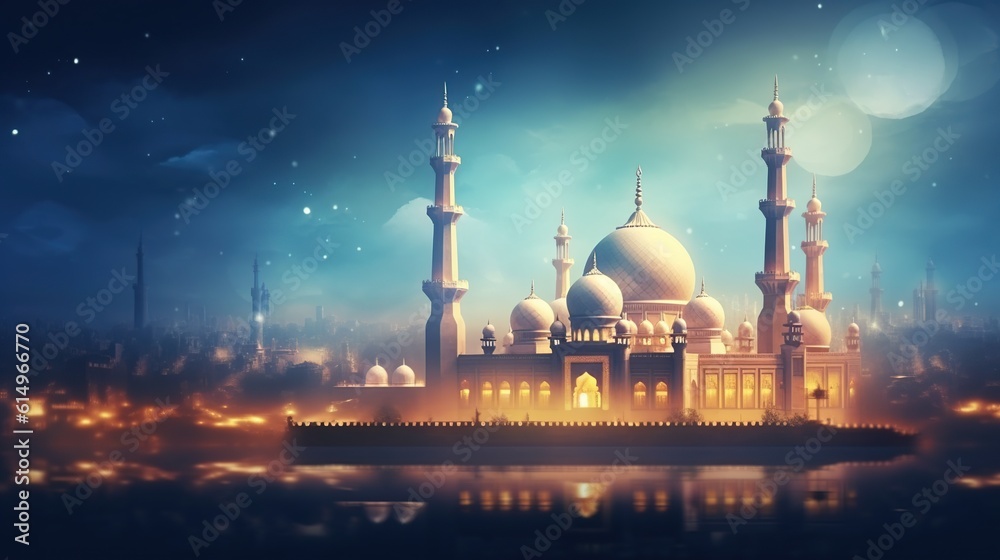 Ramadan kareem with beautiful mosque and lights in the background. generative ai