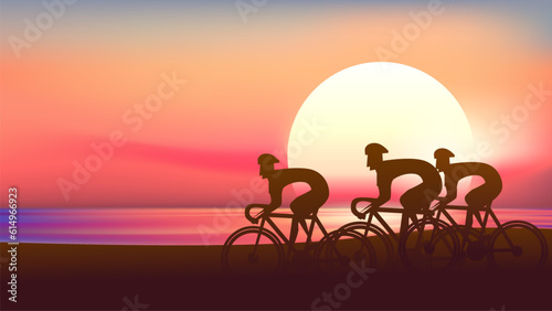 gorup of cyclist ride in the morning beach with sun rise backgorund.abstract style. cycling vector illustration photo