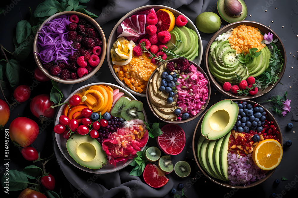 Healthy Food: nutritious and delicious food recipes, featuring colorful salads, smoothie bowls, grain bowls, and other healthy meals that promote a balanced diet