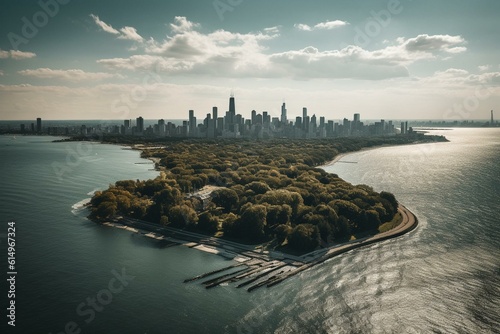 Chicago skyline aerial view from North Shore with Belmont Harbor and Lake Michigan. Generative AI photo