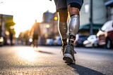 Close-up of Disabled young man with prosthetic leg walking on street. Generetive Ai