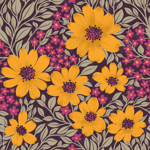 Floral Seamless Pattern of Yellow and Plum Flowers  Grey Leaves on Dark Violet Backdrop  Wallpaper Design for Textiles  Papers  Prints  Fashion Backgrounds  Beauty Products