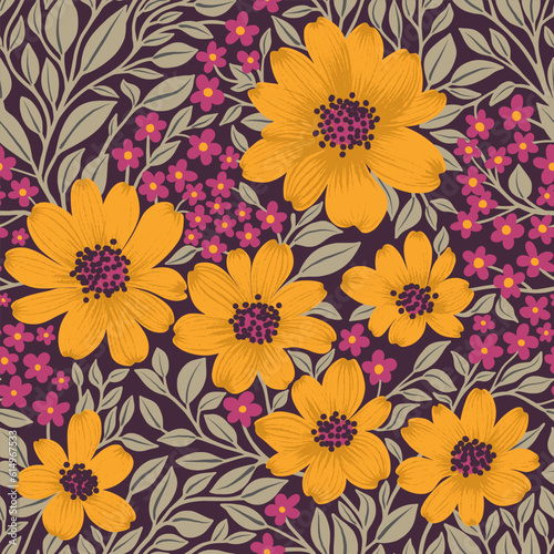 Wallpaper Mural Floral Seamless Pattern of Yellow and Plum Flowers, Grey Leaves on Dark Violet Backdrop, Wallpaper Design for Textiles, Papers, Prints, Fashion Backgrounds, Beauty Products Torontodigital.ca