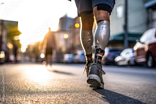 Close-up of Disabled young man with prosthetic leg walking on street. Generetive Ai © tong2530