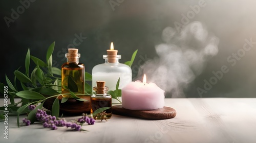 Aroma therapy concept  where a composition of essential oil bottles and candles sets the mood. Relaxation and stress relief through the use of natural plant extracts. Generative AI