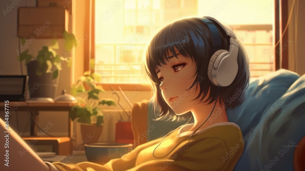 Japanese Anime Girl Immersed in Lofi Beats, Balancing Studying and Musical Enjoyment Japanese Anime Girl Immersed in Lofi Beats, Balancing Studying and Musical Enjoyment