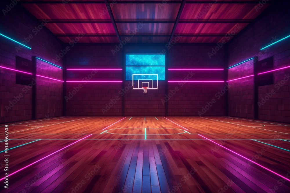 basketball background futuristic empty arena virtual indoor corridor interior neon hall game. Generative AI.