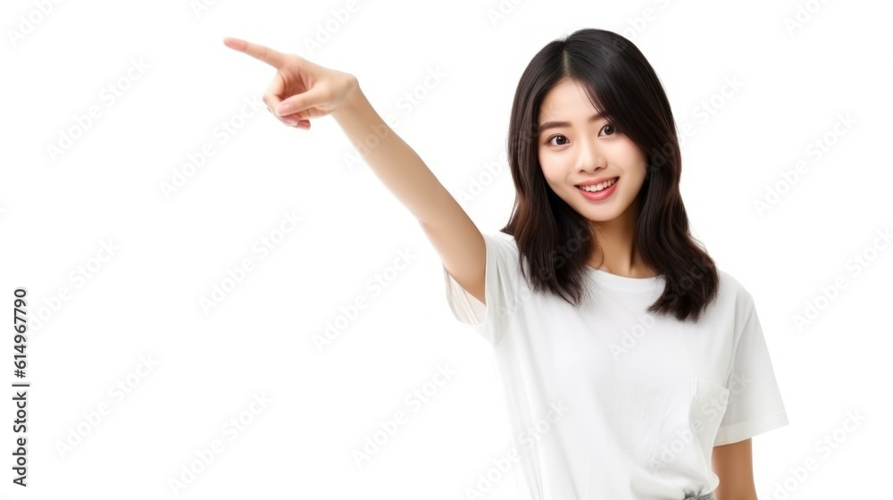 Positive Korean Woman Pointing Towards Copy Space on White Background, Inviting Attention and Engagement Positive Korean Woman Pointing Towards Copy Space on White Background, Inviting Attention and Engagement