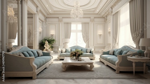 Premium Interior Design with Three Sofas in a White Living Room, Epitomizing Elegance and Luxury © Yash