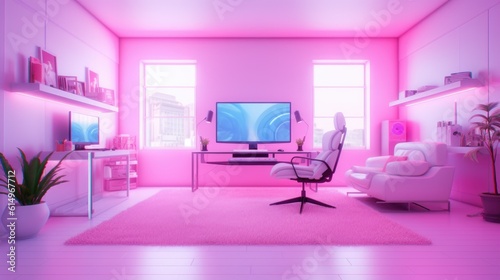  Gamer's Haven, Bright and Girly Empty Room with Pink Neon and Pastel Accents