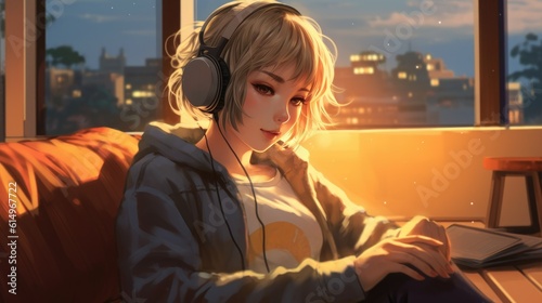 Anime Girl Immersed in the Delight of Lofi Music