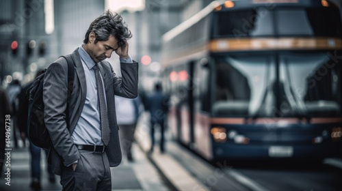 a business man standing on a bustling city road, waiting for a bus, this photograph portrays a moment of exhaustion and fatigue