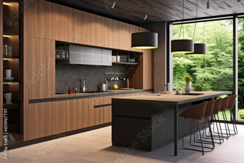a modern house kitchen in a narrow room with furniture
