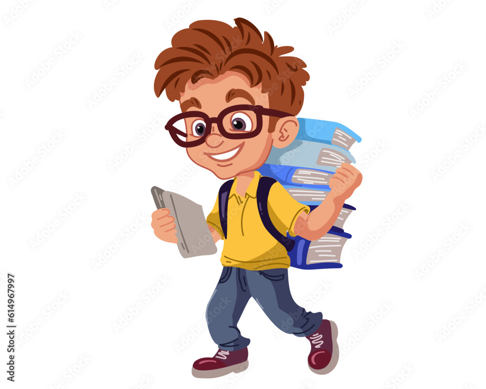 Back to school! Happy cute boy with books. The concept of education and reading. The development of the imagination.