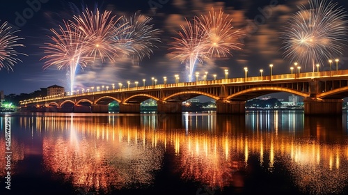 fireworks show with skyline over the city. generative ai © maretaarining