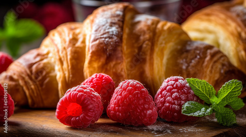 breakfast croissants and fruits served on plate at the kitchen background with morning lighting, collection of delicious food and breakfast theme