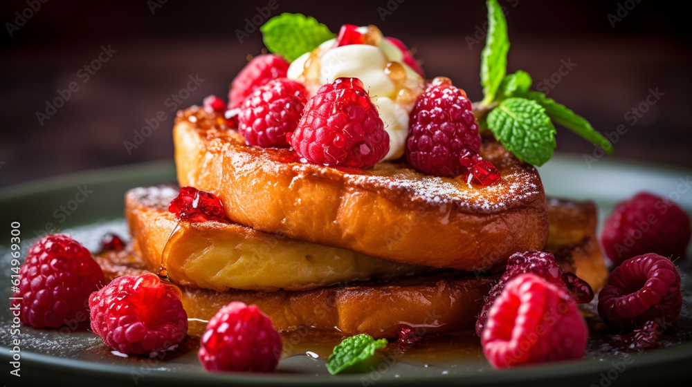 breakfast french toasts stacks with fresh fruits served on plate at the kitchen background with morning lighting, collection of delicious food and breakfast them breakfast french toasts stacks with fresh fruits served on plate at the kitchen background with morning lighting, collection of delicious food and breakfast them