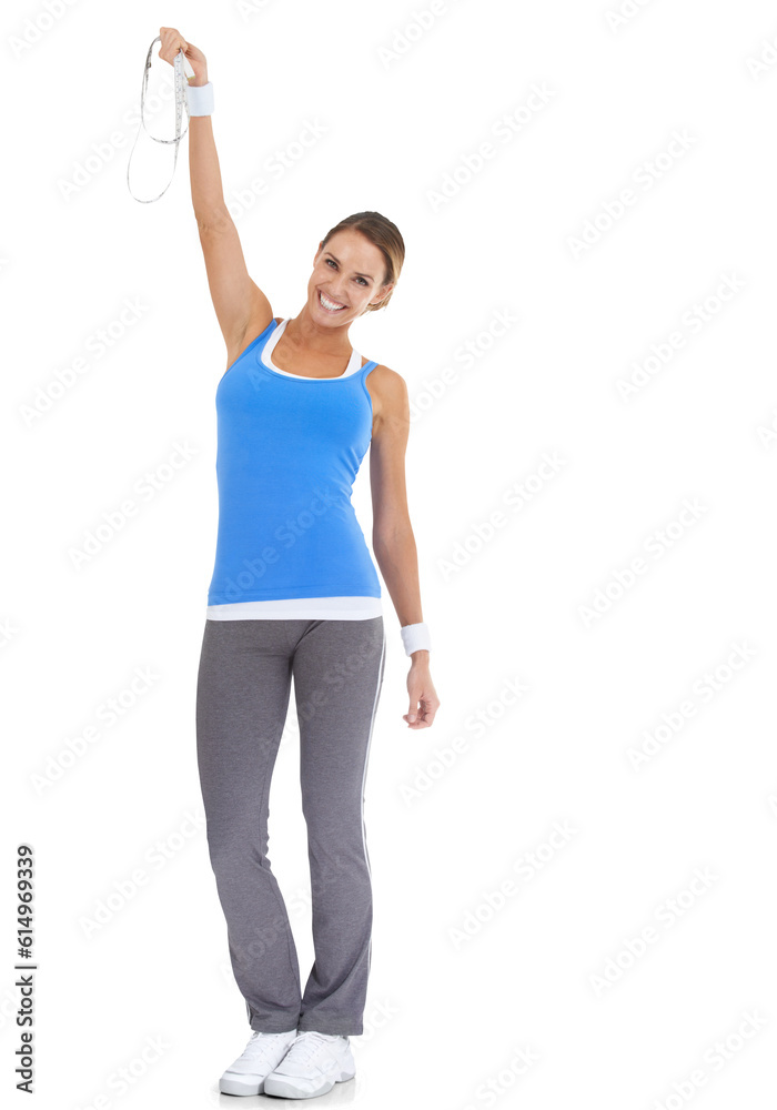 Fitness, weightloss and tape measure with woman or success in portrait with png or isolated and transparent background. Female person, healthy body and winner with workout and wellness for happiness. Fitness, weightloss and tape measure with woman or success in portrait with png or isolated and transparent background. Female person, healthy body and winner with workout and wellness for happiness.