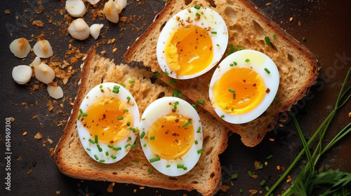 breakfast breads toasts with egg boiled top views collection of delicious food and breakfast theme