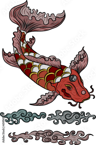 koi carp vector isolate for tattoo.Japanese carp drawing.Hand drawn line art of fish (Koi carp). Vector isolated. Idea for tattoo and coloring books.