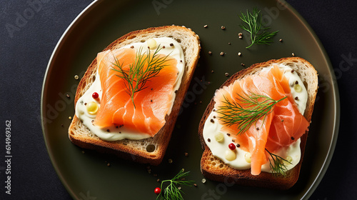 breakfast breads toasts with cream cheese and salmons top views collection of delicious food and breakfast theme