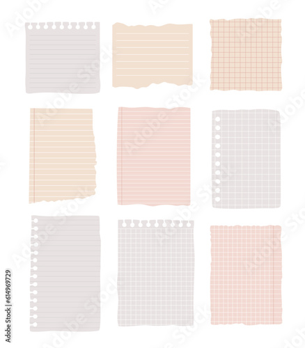 Paper from copybooks with torn edges collection. Squared and lined notepad elements, ragged piece of sheet. Stationery background with copy space for letter, note, document. Vector illustration.