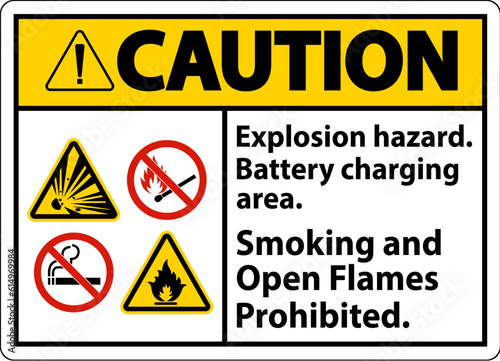 Caution Sign Explosion Hazard, Battery Charging Area, Smoking And Open Flames Prohibited