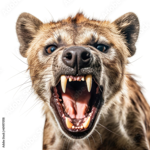 front view of ferocious looking Hyena animal looking at the camera with mouth open isolated on a transparent background 