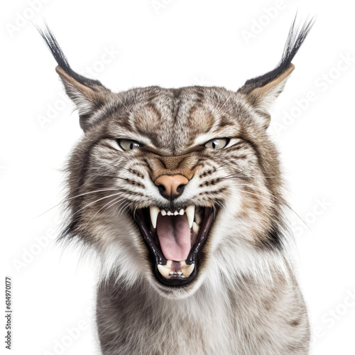 front view of ferocious looking Lynx animal looking at the camera with mouth open isolated on a transparent background  © SuperPixel Inc