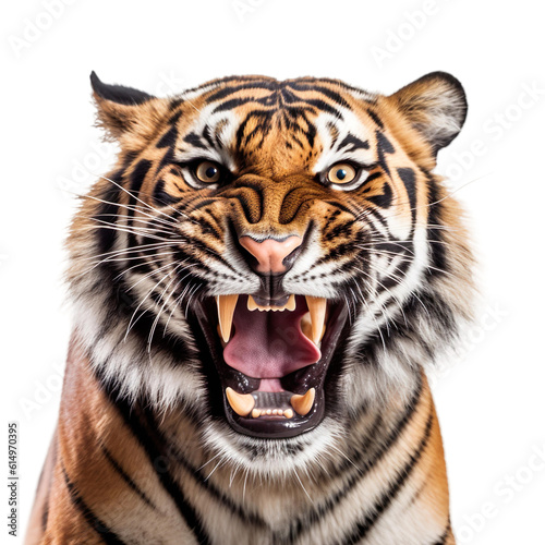 front view of ferocious looking Tiger animal looking at the camera with mouth open isolated on a transparent background  © SuperPixel Inc