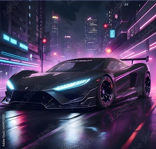 An edgy illustration portraying a sports car driving through a city at night, with neon lights reflecting on wet roads. The futuristic atmosphere and urban vibe, ideal for t-shirts and laptop skins .