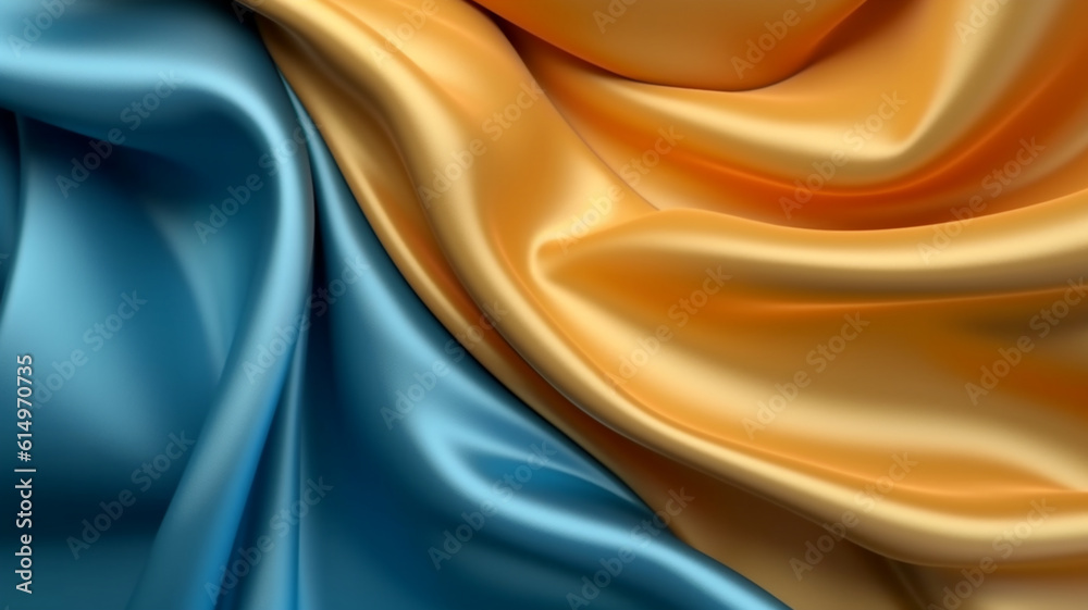 Satin silk fabric background. Rippling scarf texture. Luxury shiny wallpaper in blue and  yellow.