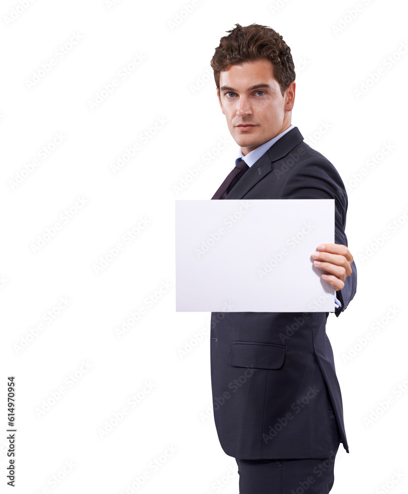 Mockup, poster and portrait of business man on transparent background for news, announcement and promotion. Corporate, paper and sign with employee and card isolated on png for idea, planning or show Mockup, poster and portrait of business man on transparent background for news, announcement and promotion. Corporate, paper and sign with employee and card isolated on png for idea, planning or show